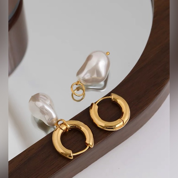 Gold Pearl Drop Earrings - Picture 7 of 8